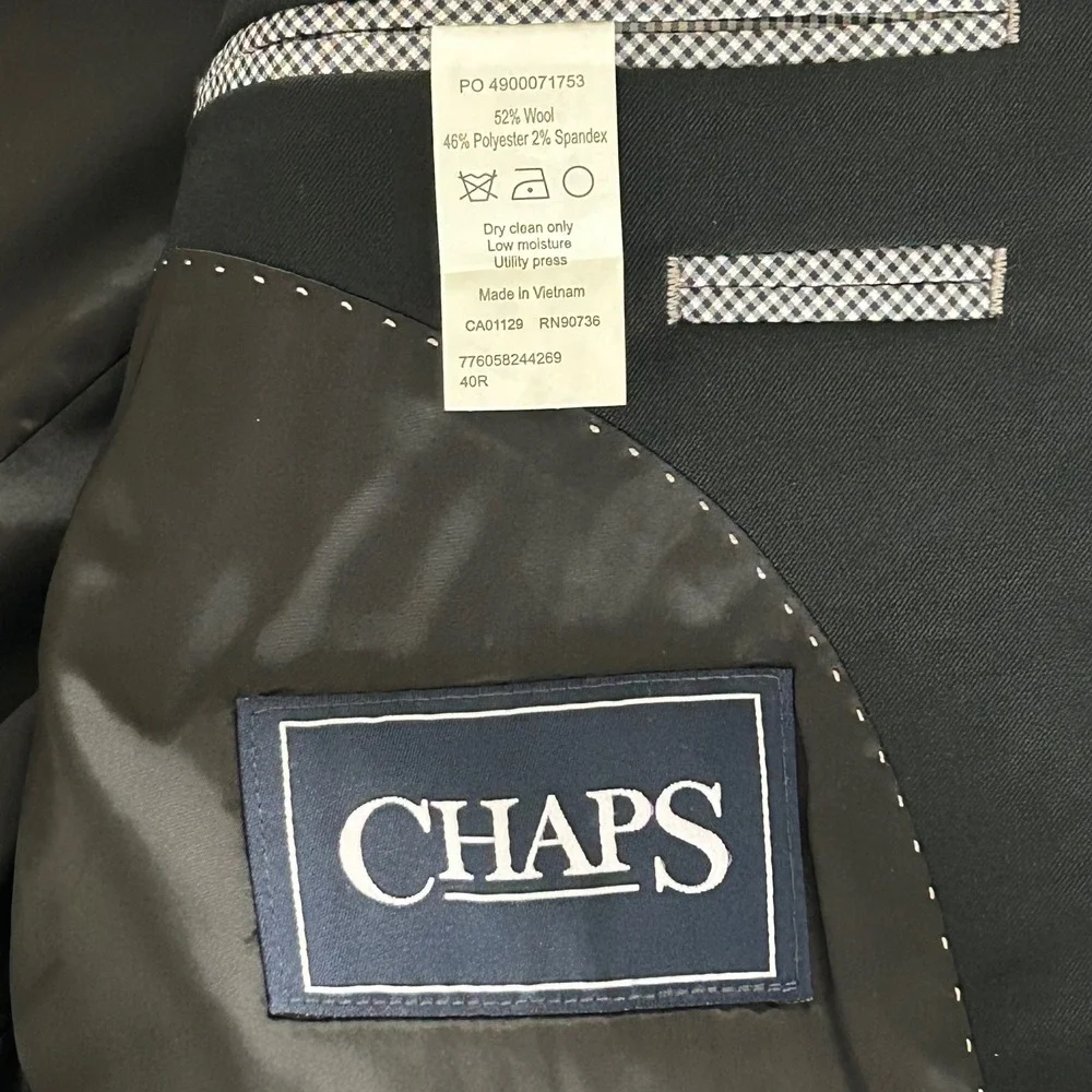 Chaps Suit Mens 40R‎ Black Wool Blend 2-Button Solid Classic Formal Career